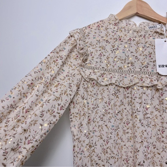 Iriserly Floral Gold Stars Ruffle Prairie Lightweight Romantic Feminine Blouse S - Picture 7 of 16